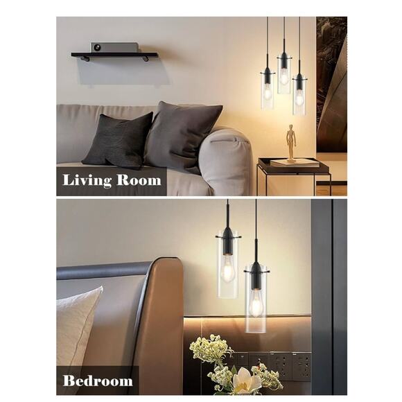 3-Pack Black Pendant Lights Clear Glass Modern Kitchen Island - Picture 6 of 8